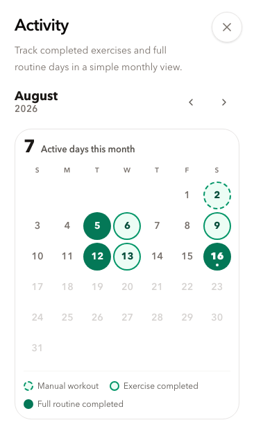 Forma activity calendar showing completed training days