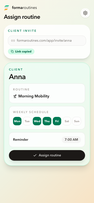 Forma assignment screen with an invite link and weekly schedule