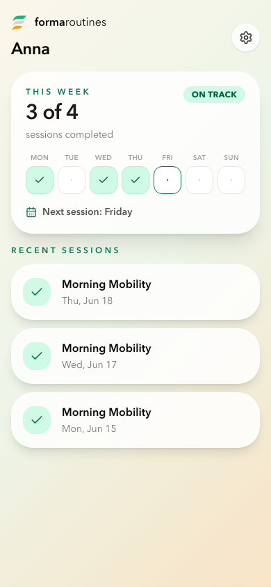 Forma patient view with a weekly plan and completed sessions