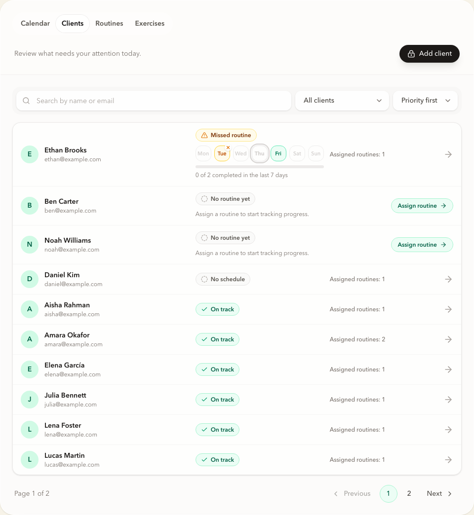 Forma dashboard at desktop width, with the patient list, weekly schedule, and plan status